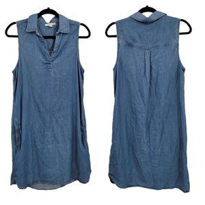 Beachlunchlounge Dress Country Chambray Linen Sleeveless Shirt Pockets Blue Sz S